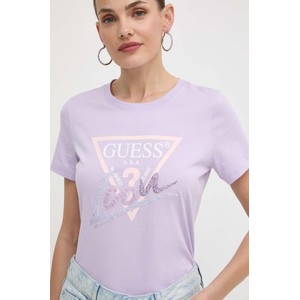 Fioletowy t-shirt Guess z krótkim rękawem z bawełny w młodzieżowym stylu