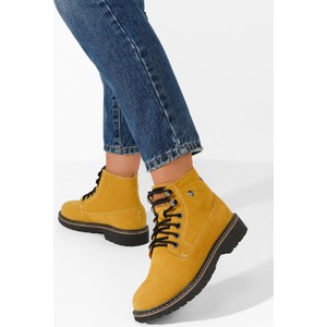 Żółte trapery damskie Zapatos sznurowane z płaską podeszwą ze skóry
