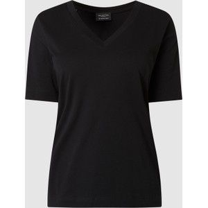 Czarny t-shirt Selected Femme z krótkim rękawem z bawełny z dekoltem w kształcie litery v