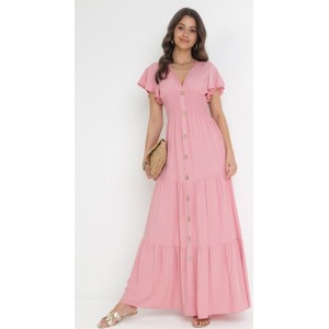 Różowa sukienka born2be z krótkim rękawem maxi z dekoltem w kształcie litery v