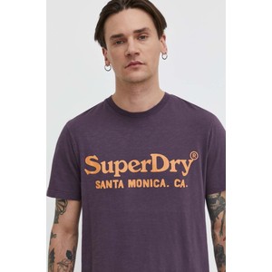 Fioletowy t-shirt Superdry z krótkim rękawem z nadrukiem z bawełny