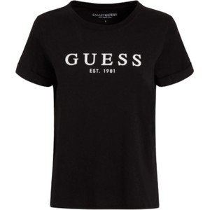 Czarny t-shirt Guess w młodzieżowym stylu z okrągłym dekoltem z bawełny
