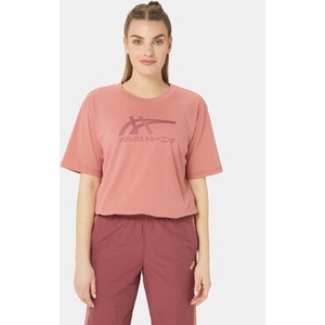 Różowy t-shirt ASICS w sportowym stylu z krótkim rękawem z okrągłym dekoltem