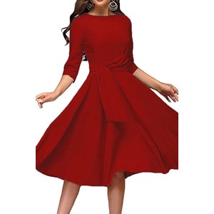 Czerwona sukienka IVET z długim rękawem midi z okrągłym dekoltem