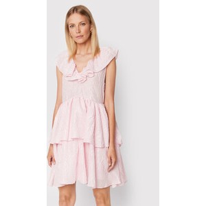 Różowa sukienka Custommade z krótkim rękawem z dekoltem w kształcie litery v mini