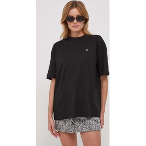 Czarny t-shirt Calvin Klein z okrągłym dekoltem z krótkim rękawem z bawełny