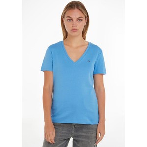 Niebieski t-shirt Tommy Hilfiger z bawełny z dekoltem w kształcie litery v z krótkim rękawem