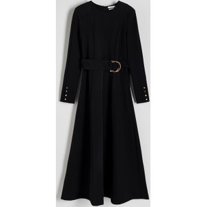 Czarna sukienka Reserved z długim rękawem z tkaniny rozkloszowana