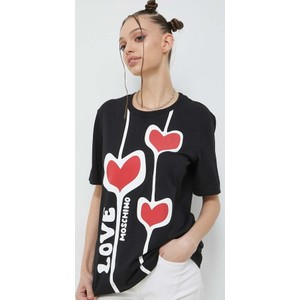 Czarna bluzka Love Moschino w młodzieżowym stylu z krótkim rękawem z nadrukiem