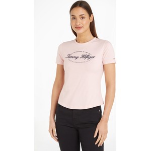 Różowy t-shirt Tommy Hilfiger z bawełny z krótkim rękawem w młodzieżowym stylu