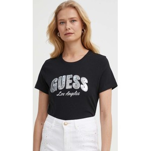 Czarny t-shirt Guess w młodzieżowym stylu z bawełny z krótkim rękawem