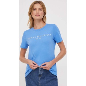 Niebieski t-shirt Tommy Hilfiger z krótkim rękawem w młodzieżowym stylu z okrągłym dekoltem