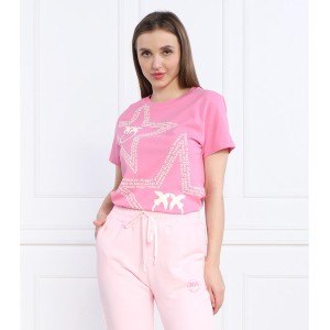 Różowy t-shirt Pinko z okrągłym dekoltem z krótkim rękawem z bawełny