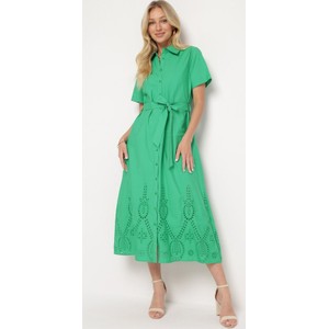 Zielona sukienka born2be z bawełny w stylu klasycznym z krótkim rękawem