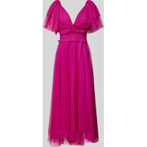 Różowa sukienka Lace & Beads z tiulu z krótkim rękawem maxi