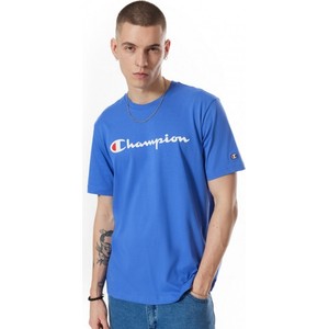 Niebieski t-shirt Champion z bawełny z krótkim rękawem z nadrukiem