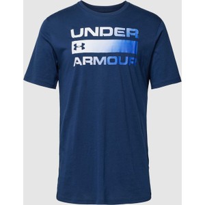 Granatowy t-shirt Under Armour z krótkim rękawem w młodzieżowym stylu z nadrukiem