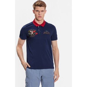 Granatowa koszulka polo Aeronautica Militare w młodzieżowym stylu z krótkim rękawem
