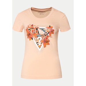 Pomarańczowy t-shirt Guess z okrągłym dekoltem z krótkim rękawem
