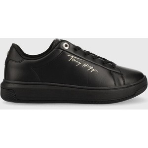 Czarne buty sportowe Tommy Hilfiger na platformie w sportowym stylu ze skóry