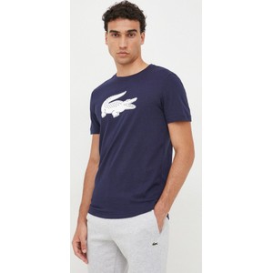 Granatowy t-shirt Lacoste w młodzieżowym stylu z nadrukiem z krótkim rękawem