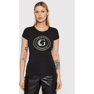 Czarny t-shirt Guess z okrągłym dekoltem z nadrukiem z krótkim rękawem