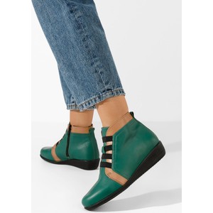 Zielone botki Zapatos w stylu casual z płaską podeszwą ze skóry