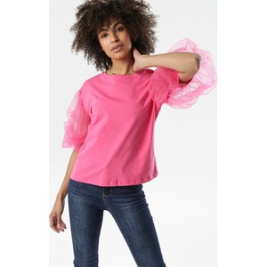 Różowa bluzka born2be w stylu casual z okrągłym dekoltem