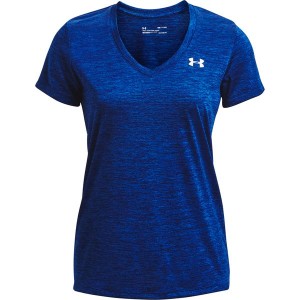Niebieski t-shirt Under Armour z dekoltem w kształcie litery v z krótkim rękawem w sportowym stylu