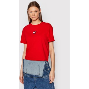 Czerwony t-shirt Tommy Jeans z okrągłym dekoltem w stylu casual