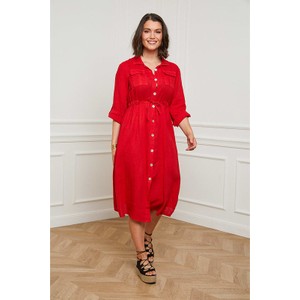 Czerwona sukienka Curvy Lady midi z lnu z długim rękawem