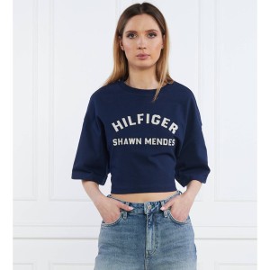 Granatowy t-shirt Tommy Hilfiger z bawełny z krótkim rękawem