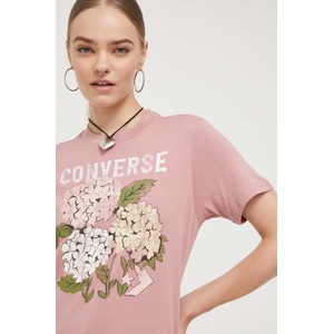 Różowy t-shirt Converse z bawełny z okrągłym dekoltem z krótkim rękawem