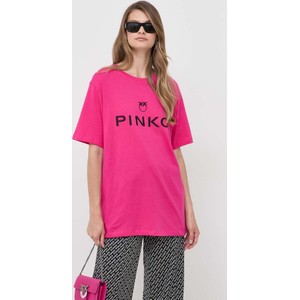 Różowy t-shirt Pinko w młodzieżowym stylu z krótkim rękawem z dzianiny