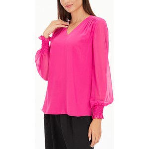 Różowa bluzka POTIS & VERSO z długim rękawem w stylu casual z dekoltem w kształcie litery v