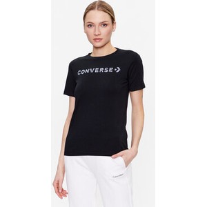 Czarny t-shirt Converse z okrągłym dekoltem z krótkim rękawem w młodzieżowym stylu