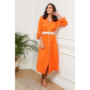 Pomarańczowa sukienka Le Monde Du Lin koszulowa midi w stylu casual