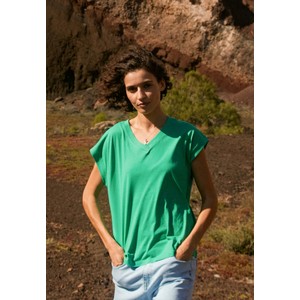 Zielona bluzka Volcano w stylu casual z bawełny z dekoltem w kształcie litery v