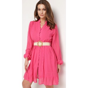 Różowa sukienka born2be mini w stylu boho z kołnierzykiem