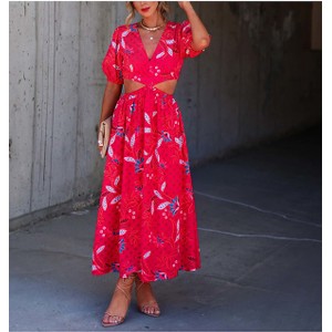 Czerwona sukienka La Angels z krótkim rękawem w stylu boho maxi