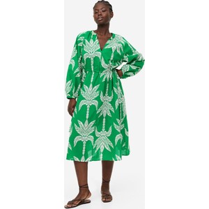 Zielona sukienka H & M z bawełny z długim rękawem z dekoltem w kształcie litery v
