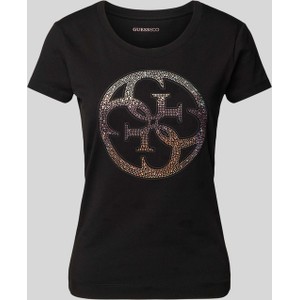 Czarny t-shirt Guess z okrągłym dekoltem z bawełny z nadrukiem