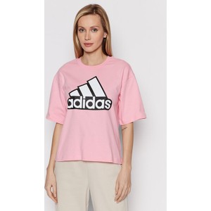 Różowy t-shirt Adidas z okrągłym dekoltem w młodzieżowym stylu