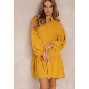 Żółta sukienka Renee z długim rękawem w stylu casual z tkaniny