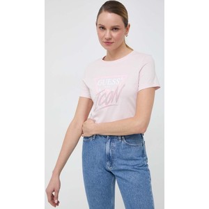 Różowy t-shirt Guess z okrągłym dekoltem z krótkim rękawem w młodzieżowym stylu