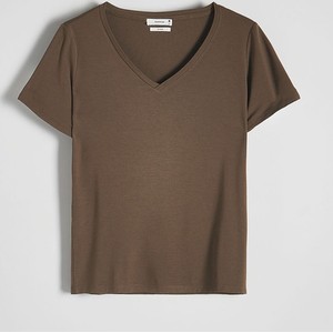 Brązowy t-shirt Reserved z dekoltem w kształcie litery v z krótkim rękawem z jedwabiu