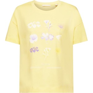 Żółty t-shirt Esprit z nadrukiem z okrągłym dekoltem z bawełny