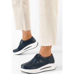 Granatowe półbuty Zapatos ze skóry sznurowane w stylu casual