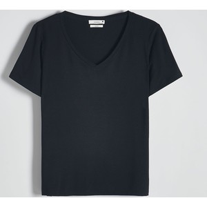 Czarny t-shirt Reserved z krótkim rękawem z jedwabiu w stylu casual