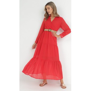 Czerwona sukienka born2be z dekoltem w kształcie litery v w stylu casual kopertowa